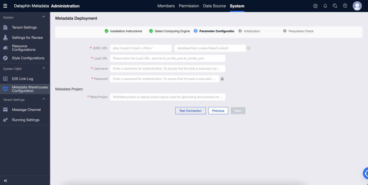 Metadata warehouse settings